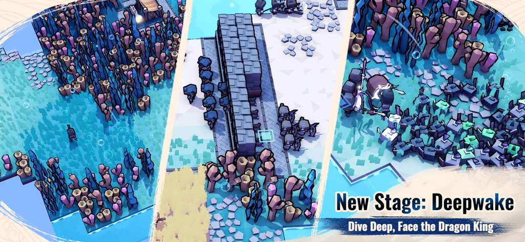 Inkvasion - Capture d'écran du jeu mobile Inkvasion montrant la nouvelle scène sous-marine Deepwake avec des graphismes en voxels en blocs