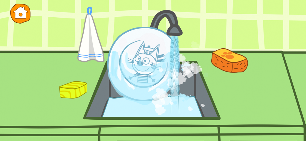 Kid-E-Cats Cooking at Kitchen! - A plate with a Kid-E-Cats character being washed in a kitchen sink