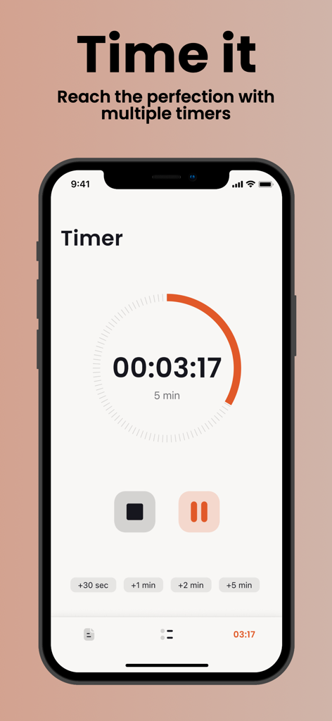 Cook: Cooklang recipe app - A precision cooking timer interface in the Cooklang recipe app showing countdown time and adjustment buttons