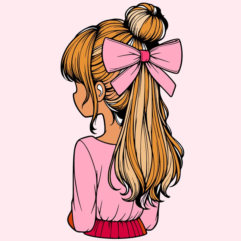 realistic girl  with hip length hair a bun and a big bow on the back of head