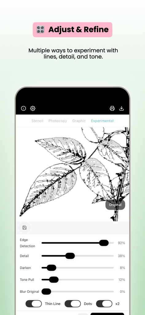 Tattoo Stencil Lab app interface with sliders for adjusting line detail and edge detection