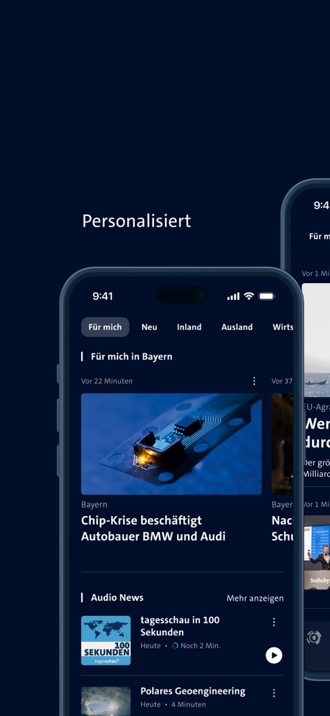 tagesschau - Nachrichten - Pantalla de smartphone mostrando la aplicación tagesschau con un feed de noticias personalizado para Baviera y opciones de noticias de audio en modo oscuro.