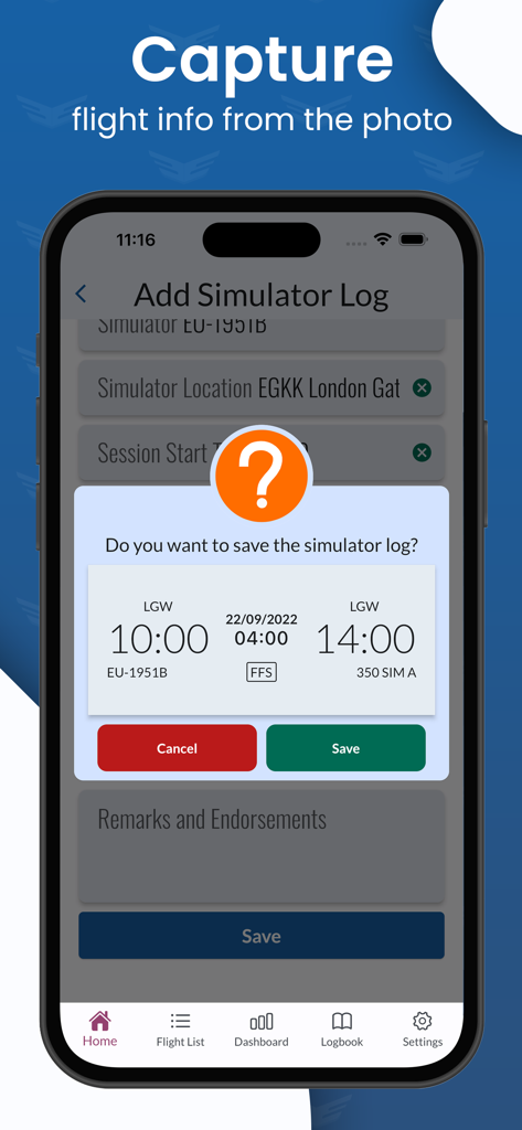 MyLog | Digital Pilot Logbook - フライトデータを含むシミュレーターログエントリの追加と保存のためのMyLogデジタルパイロットログブックインターフェース。