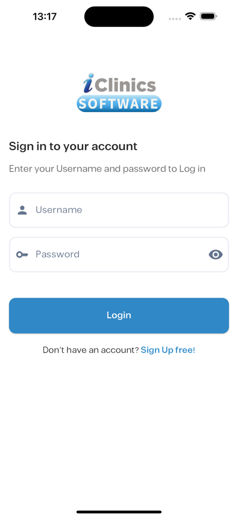 Anmeldeseite der mobilen App iClinics Software