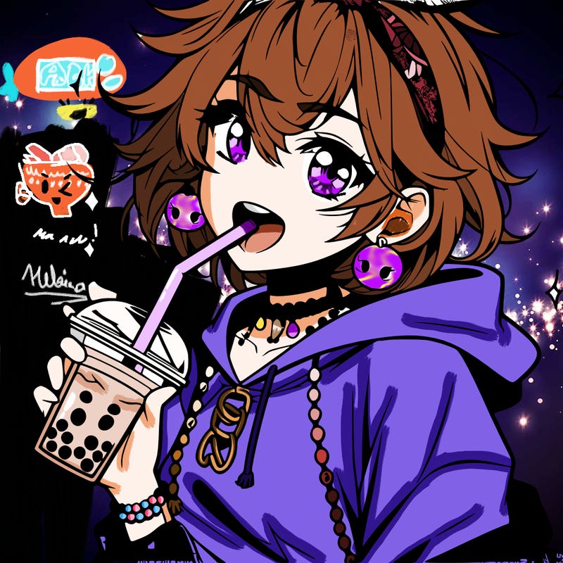 hot baddie anime girl drinking boba and biting the straw
