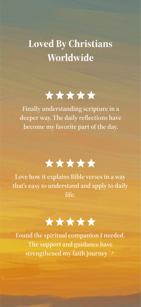 A series of positive five-star user reviews for the Faithy app highlighting daily reflections and spiritual guidance