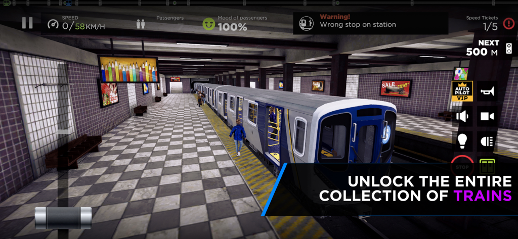 A 3D subway train stopped at an underground station platform with passenger figures