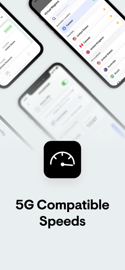 VirtualShield VPN app interface highlighting 5G compatible speeds and global server locations