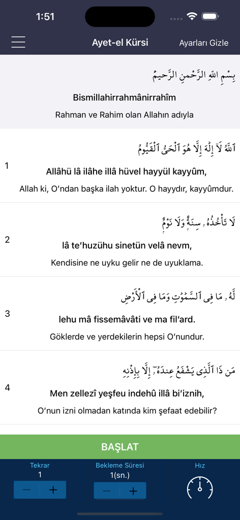 Ayetel Kürsi Duası - Ayetel Kursi app interface showing Arabic prayer text and Turkish translation