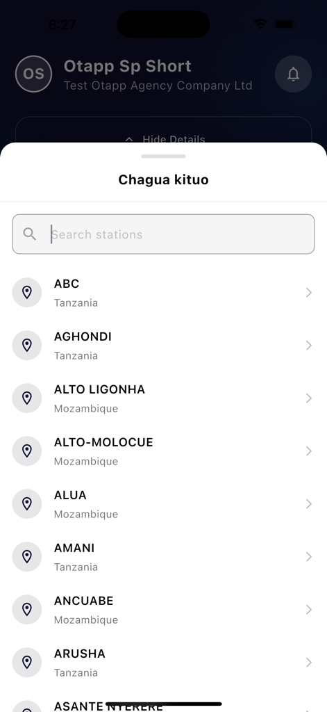 Obus - Obus app screen for choosing a bus station in Tanzania and Mozambique