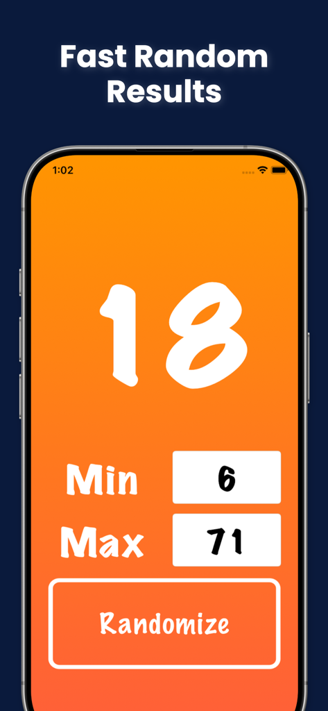 Random Number Generator – RNG - Un smartphone que muestra la aplicación Generador de Números Aleatorios con un fondo naranja, un número grande 18 y configuraciones de rango personalizadas para 6 a 71.