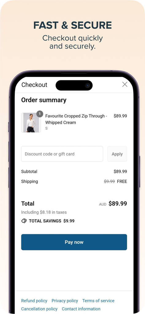 Secure checkout page on the Muscle Nation fitness app showing order summary and payment button