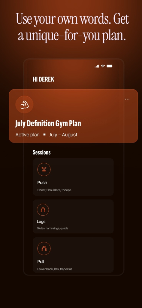 Kaizer: Gym & Fitness Planner - Interfaz de la aplicación de gimnasio Kaizer que muestra un plan de fitness único con sesiones de entrenamiento de empuje, piernas y tracción