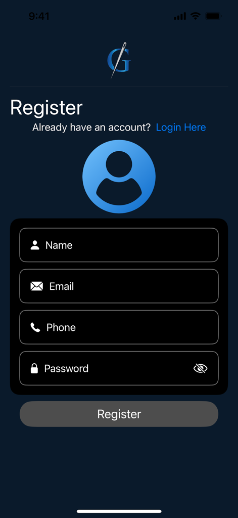 Schermata di registrazione dell'app Graftology con campi per nome, email, telefono e password.
