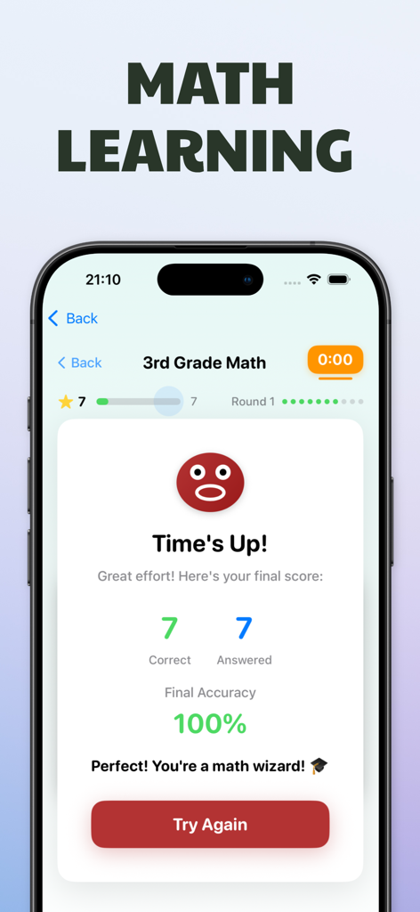 Results screen from a 3rd grade math game showing a 100 percent accuracy score and a math wizard message