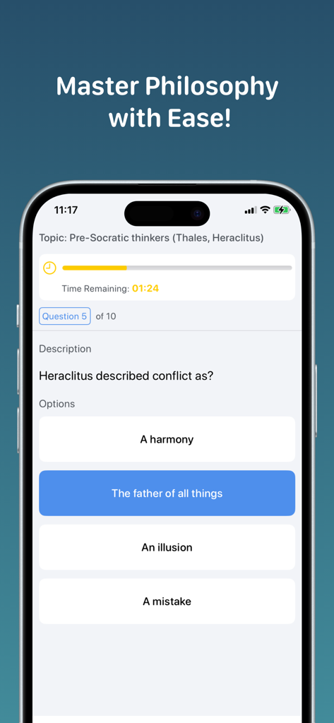 Philosophy+ - Philosophy plus app quiz interface showing a multiple choice question about Heraclitus and Pre-Socratic thinkers
