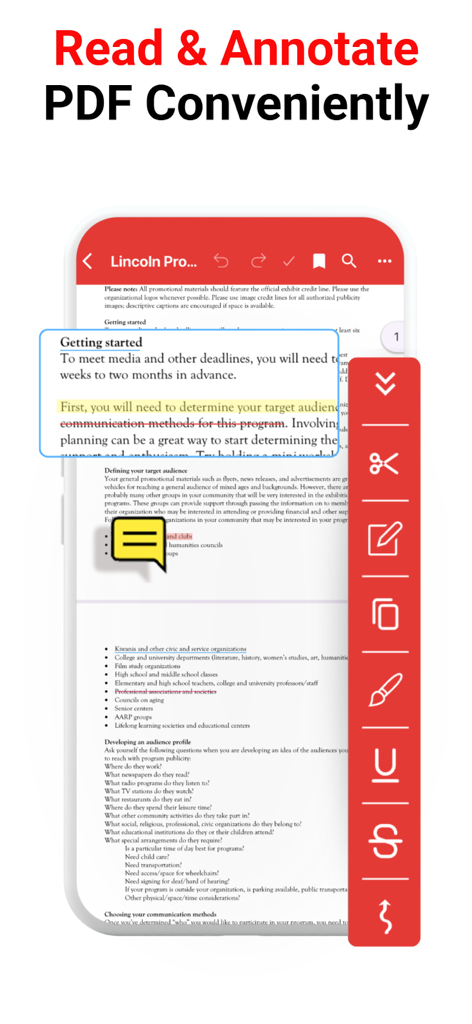 PDF Reader, Editor & Scanner + - Interface of the PDF Reader and Editor app showing document annotation features on a mobile device.