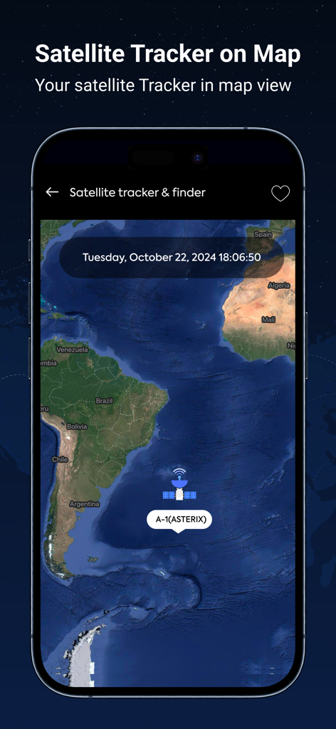 Satellite Tracker & Finder - Ein iPhone-Bildschirm zeigt eine Satelliten-Tracking-App mit einem Satellitensymbol über einer globalen Karte.