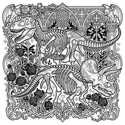 Step into a fascinating fusion of prehistoric might and dark romance with this unique coloring page featuring ornate Gothic dinosaur skeletons. Immerse yourself in intricate details, from thorny roses to haunting gargoyles, ready for your creative touch.