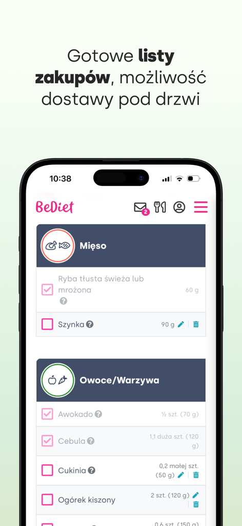 BeDiet Dieta Ewy Chodakowskiej - BeDiet app interface showing a grocery shopping list organized by food categories