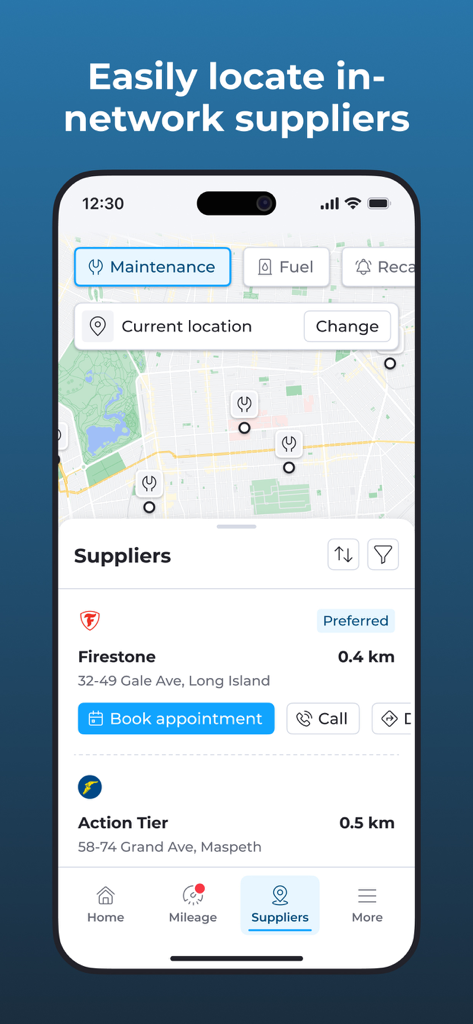 Element ONE - Element ONE mobile app interface showing a map with nearby in-network vehicle maintenance suppliers