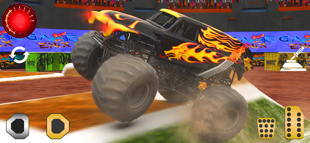 Monster Truck 4x4 Mania Racing - Un monster truck negro con calcomanías de llamas de dragón realizando un caballito en una arena de estadio.