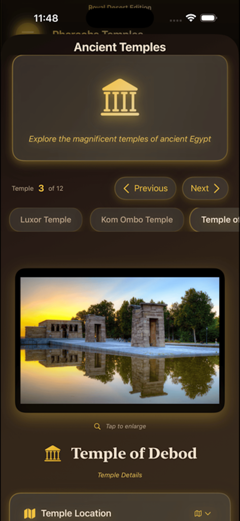 Egyptian-Hieroglyph-AI-Scanner - Ancient temples explorer screen in the Egyptian Hieroglyph AI Scanner app featuring the Temple of Debod