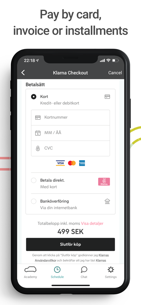 Mitt Körkort - Mitt Korkort app checkout screen showing Klarna payment options and a price of 499 SEK.