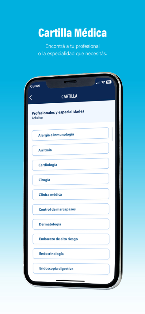 Sanatorio Mater Dei - Pantalla de smartphone mostrando el directorio médico de la aplicación del Sanatorio Mater Dei con una lista de especialidades de atención médica