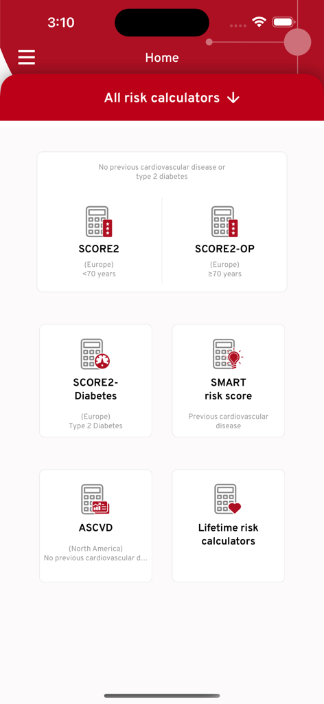 Pantalla de inicio de la aplicación ESC CVD Risk Calculation que muestra varias calculadoras de riesgo cardiovascular como SCORE2, ASCVD y el puntaje de riesgo SMART