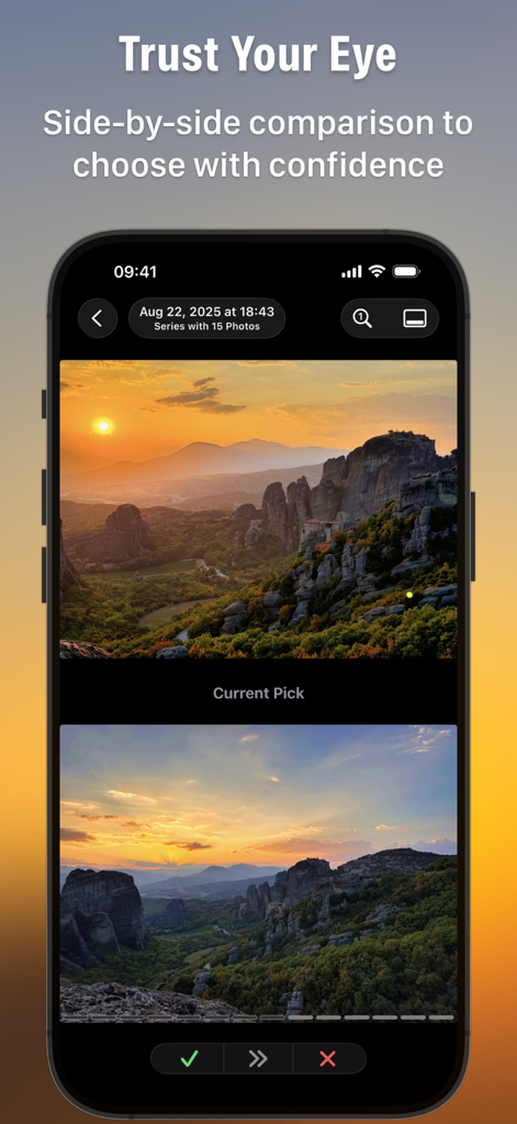 Comparación uno al lado del otro de fotos de atardeceres similares en la interfaz de la aplicación Photoscope