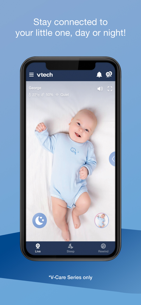 Pantalla de smartphone mostrando la aplicación MyVTech Baby Plus con transmisión de video en vivo de un bebé en una cuna