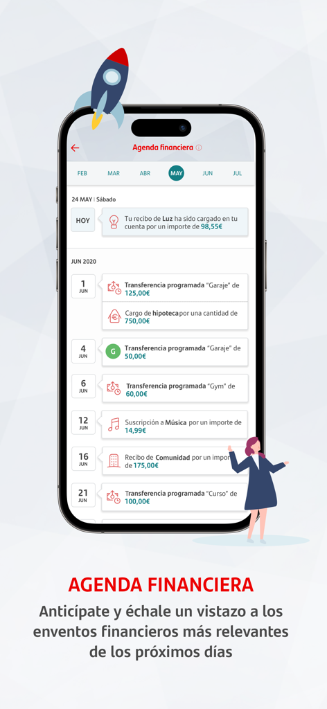 Interfaz móvil de la aplicación Santander Empresas mostrando una agenda financiera con facturas próximas y transferencias programadas.