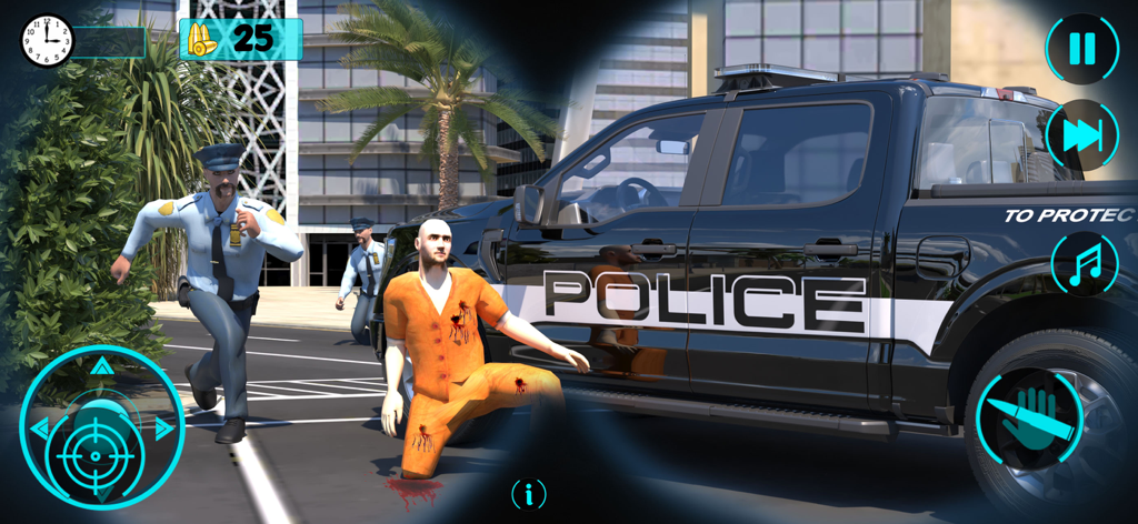 Sniper Shooting Gun Games 3D - First person sniper scope view of a tactical mission with a police vehicle