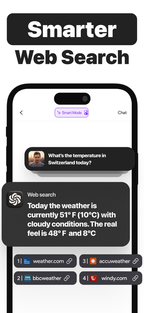 Orion AI - Chatbot Assistant - Orion AI chatbot interface showing a web search result for weather in Switzerland with source citations