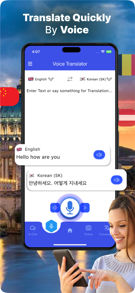 Speak & Translate Languages AI - Uma tela de smartphone exibindo o recurso de tradução de voz do aplicativo Speak and Translate, convertendo inglês para coreano
