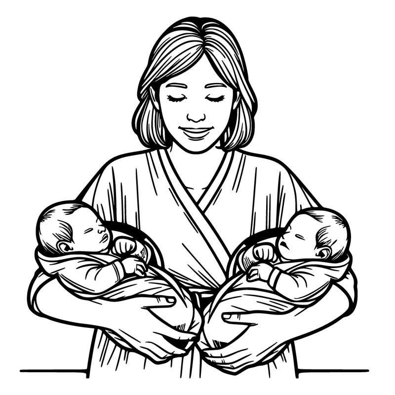 a lady holding twin newborns realistic
