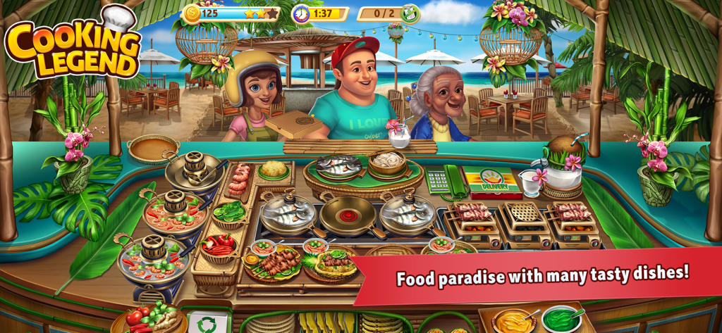 Cooking Legend gameplay showing a beach restaurant kitchen with various dishes and customers.