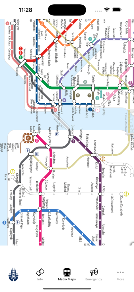 Istanbul Subway Map - Capture d'écran mobile de la carte du métro d'Istanbul montrant les lignes de transport et les noms des stations en anglais et en turc.