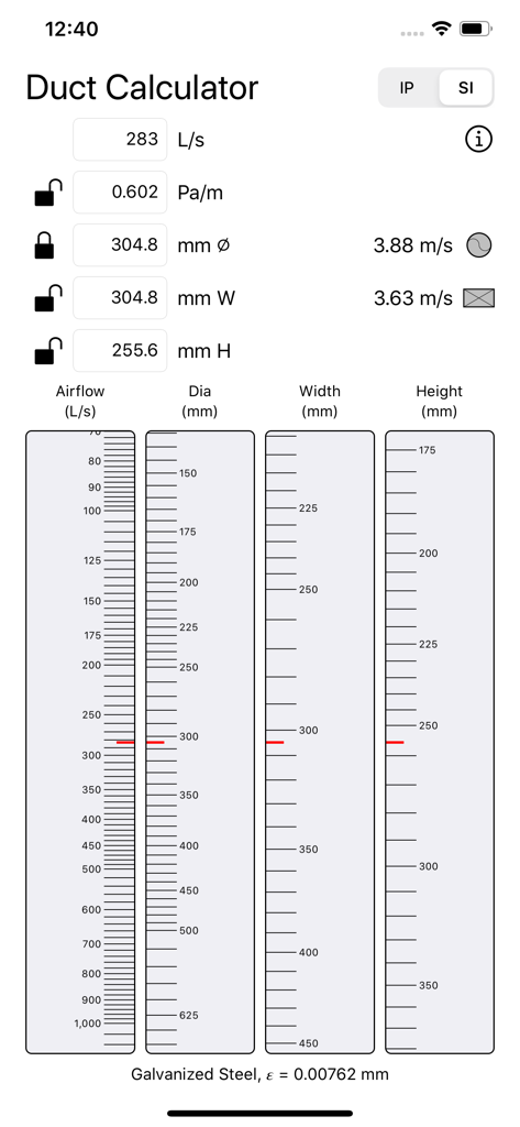 Duct Calculator mobile app interface showing sliders for airflow and duct dimensions for HVAC calculations