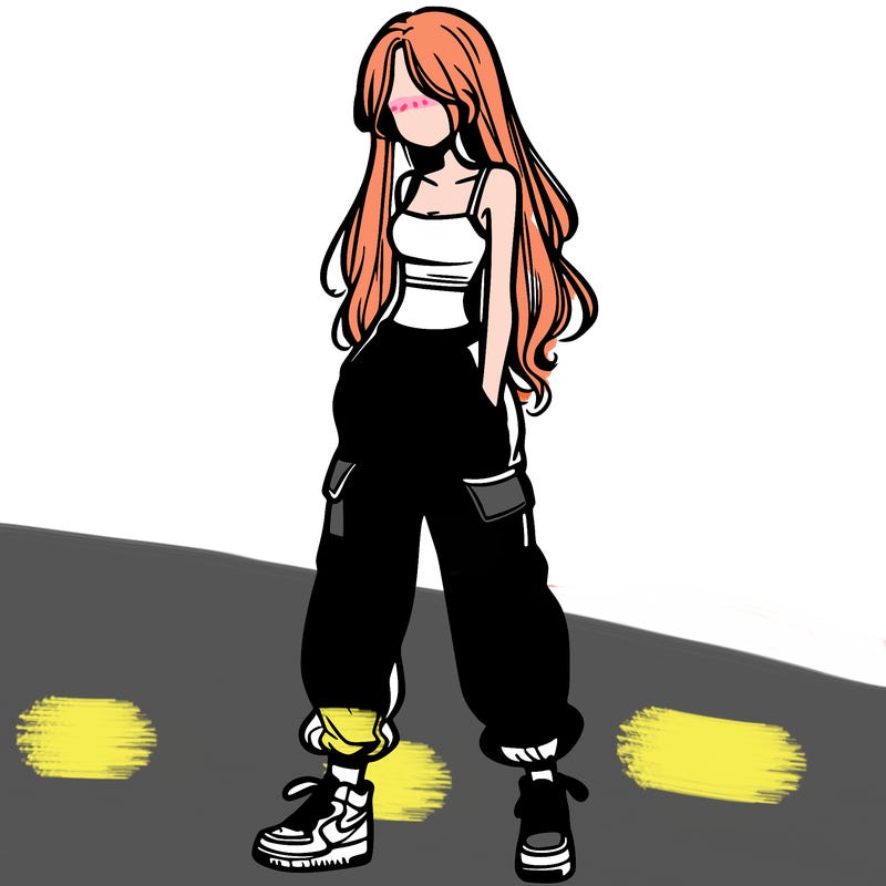 girl in baggy pants crop top and long hair