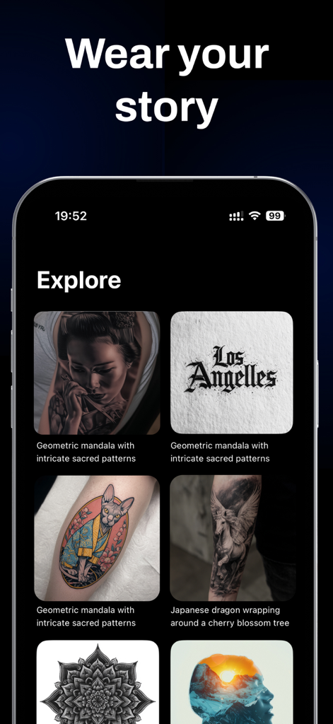 Explore screen of the Ink AI app showing diverse tattoo designs like mandalas and realistic portraits.