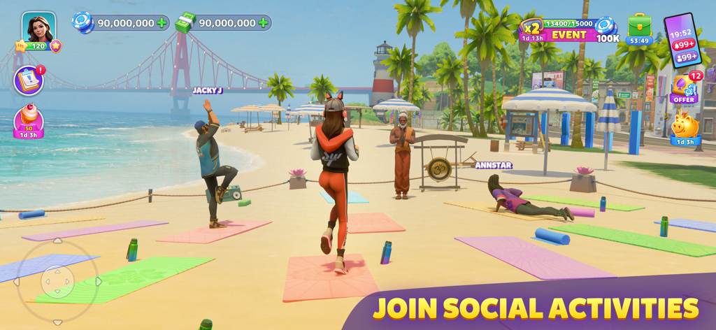 Group yoga session on a tropical beach in Sunday City Life Simulator