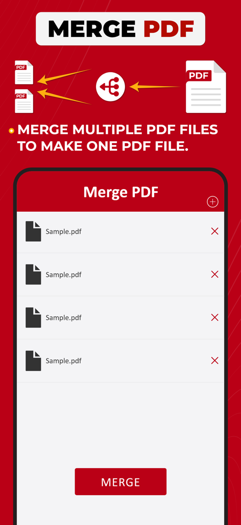 PDF Converter: Photo to PDF ! - Interface of the PDF Converter app showing the feature to merge multiple PDF files into one.