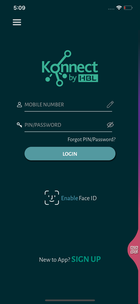 Konnect by HBL - Konnect by HBL mobile app login screen featuring mobile number and PIN entry fields
