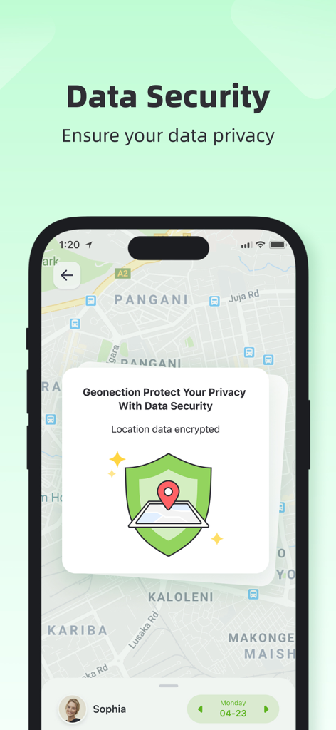 Geonection - Location Tracker - Geonection app interface displaying data security features and encrypted location information on a map