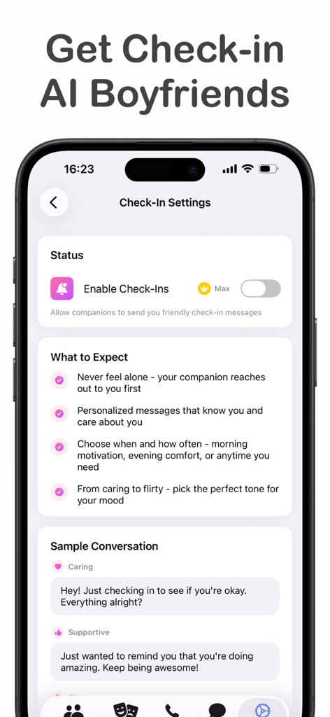 My Men - Gay AI Boyfriends - Screen showing check-in settings and supportive message examples in the My Men gay AI boyfriend app.