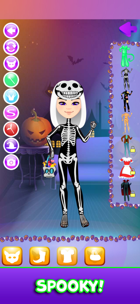 Halloween Costume Party Games - A girl character dressed in a skeleton costume holding a skull candy bucket in a Halloween dress up game interface.
