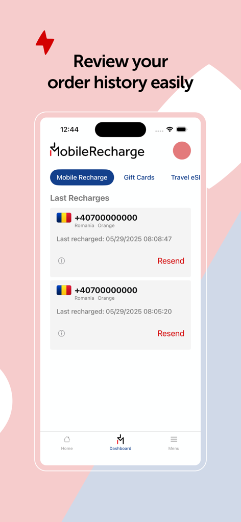 MobileRecharge: Top up mobiles - Panel de la aplicación MobileRecharge mostrando el historial reciente de recargas móviles internacionales con opciones de reenviar