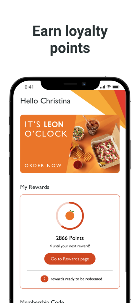 LEON Club: Order & Loyalty - LEON Club app dashboard showing loyalty points balance and rewards progress